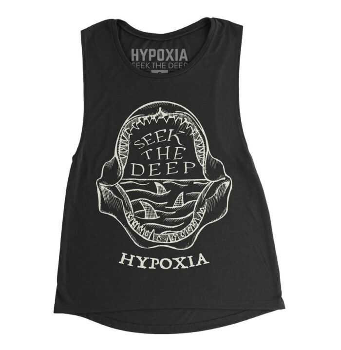 Hypoxia Freediving Spearfishing Seek the Deep Jaws Womens Tank Black, Front