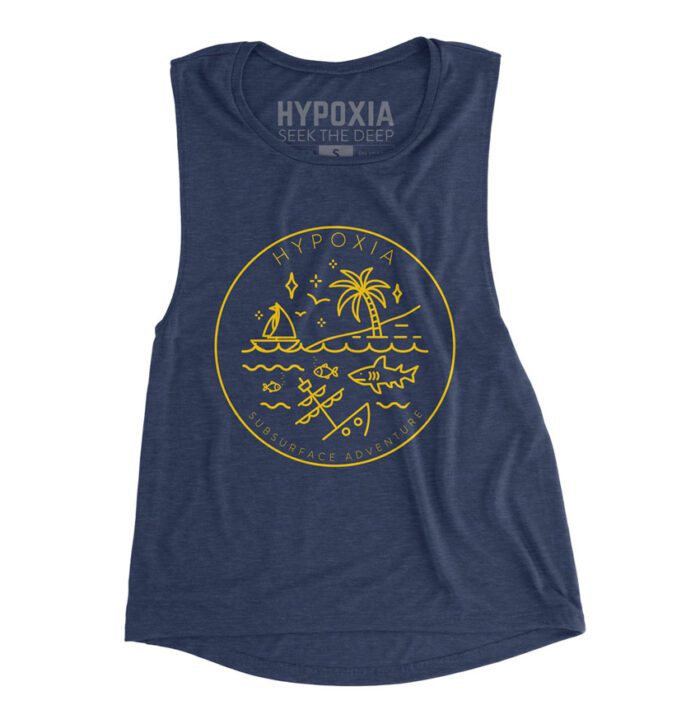Hypoxia Freediving Spearfishing Subsurface Adventure Badge Womens Tank Navy, Front