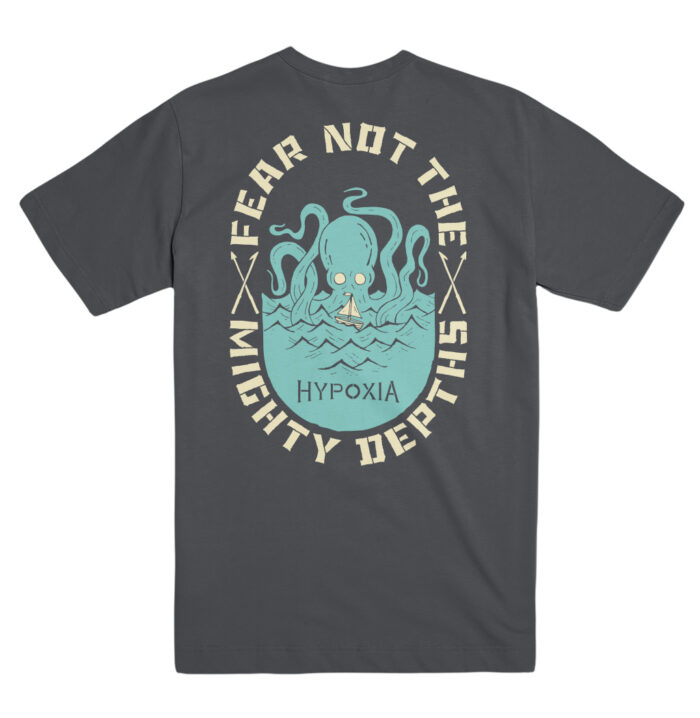 Hypoxia Freediving Spearfishing Fear Not The Mighty Octo Tshirt Pigment Charcoal Back